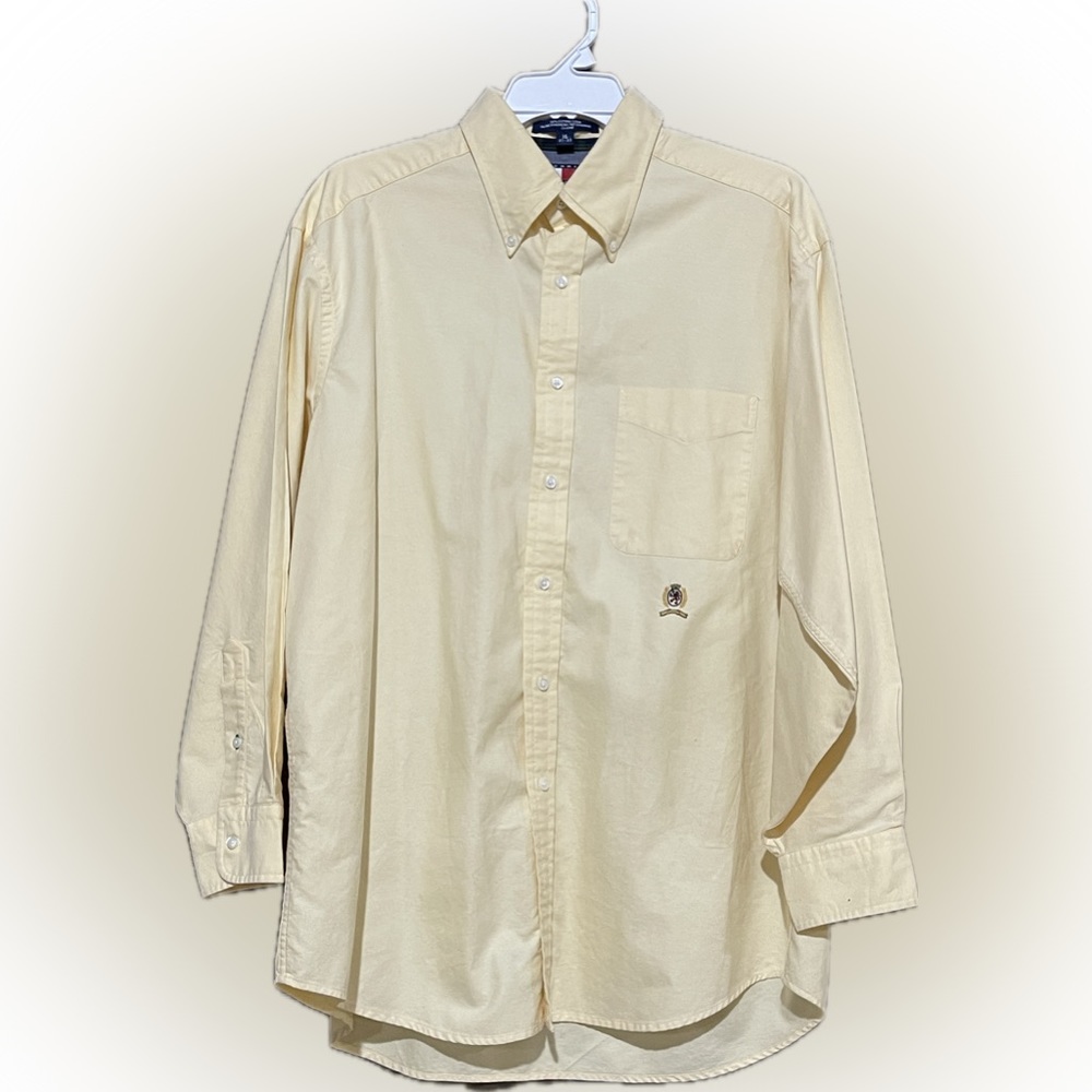 Vintage 90s Tommy Hilfiger Yellow Button Up Dress Shirt Mens Size 16 32-33